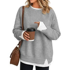 Women Crew Neck Fake Two Piece Striped Patchwork Drop Shoulder Oversized Sweatshirt