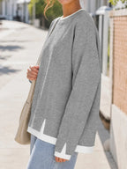 Women Crew Neck Fake Two Piece Striped Patchwork Drop Shoulder Oversized Sweatshirt