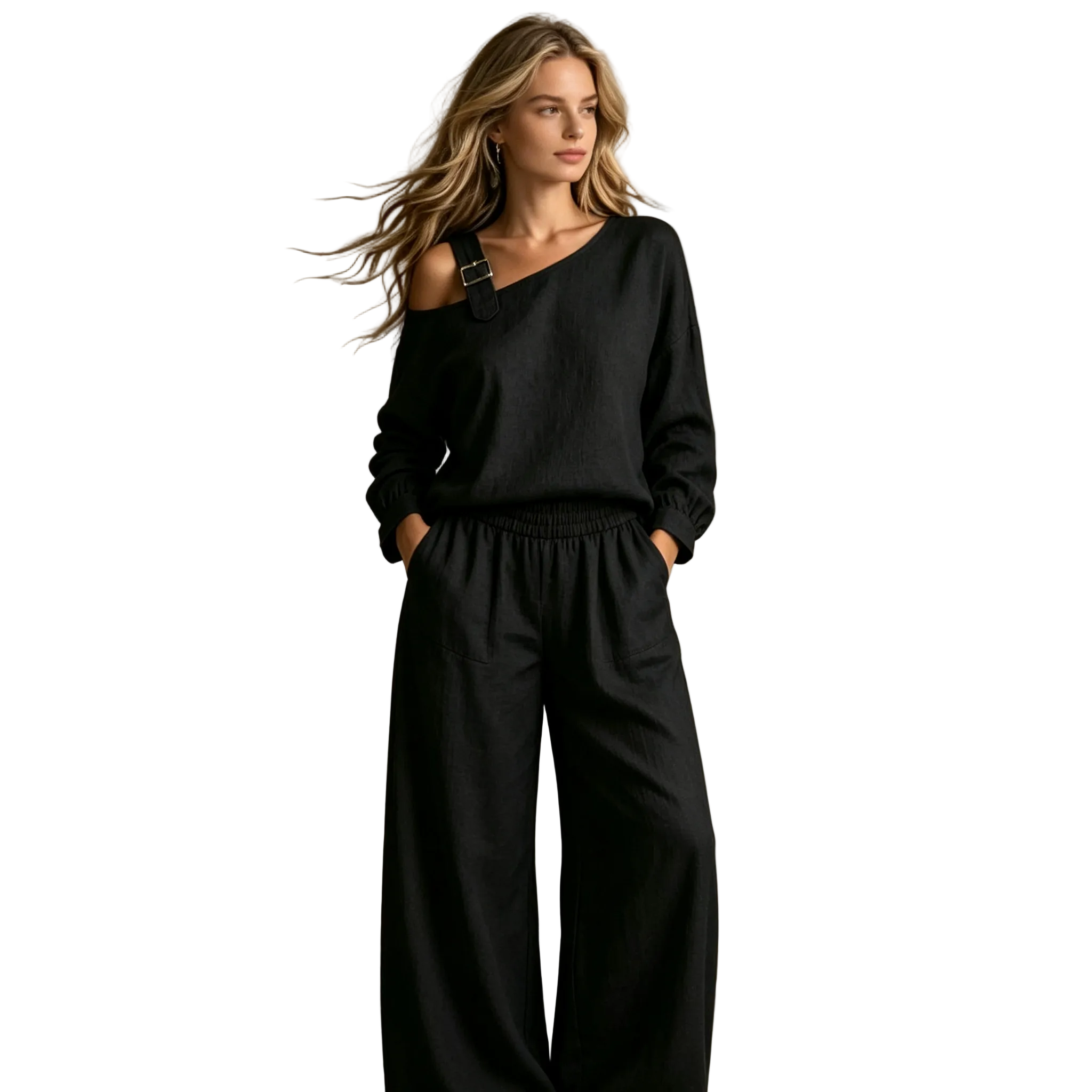 Women's Asymmetric Off Shoulder Two Piece Matching Set Long Sleeve Buckle Strap Top Elastic Waist Wide Leg Trousers Casual Linen Texture Lounge Outfit