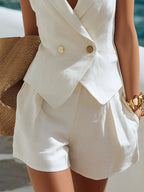 Simple And Elegant White Cotton And Linen Sleeveless Vest And Shorts Set